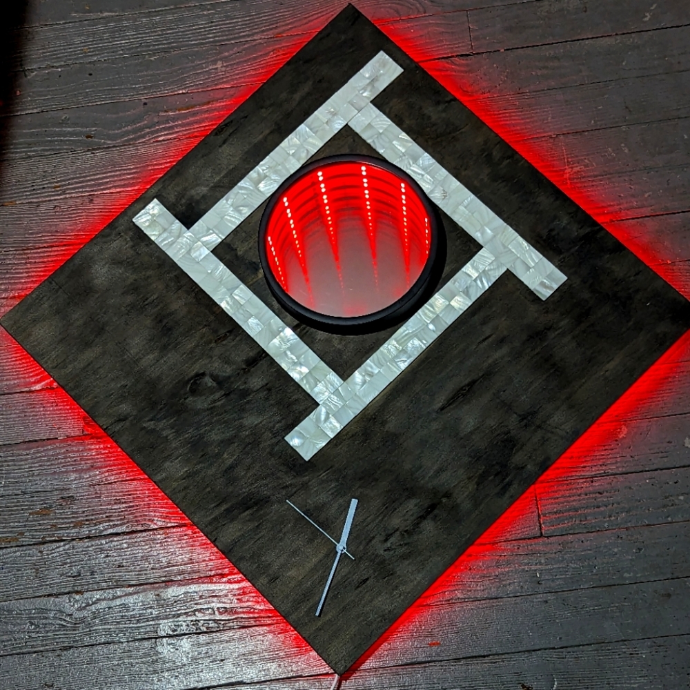 LED Infinity Mirror Wall Clock Modern Art Optical Illusion Mother Pearl Mosaic